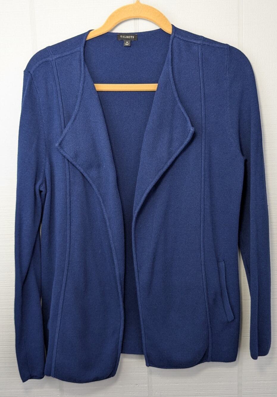 Talbots Womens Open Front Knit Cardigan Sweater Blazer MED Blue Cotton Blend